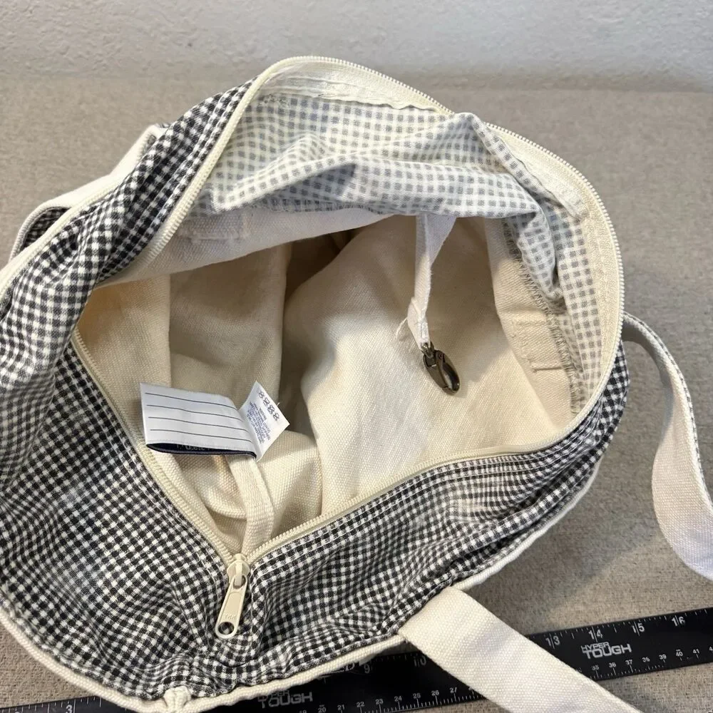 VTG Lands' End Tote Set of 2 Canvas Boat Bag Checkered Trim 90s Size 12x11 16x14